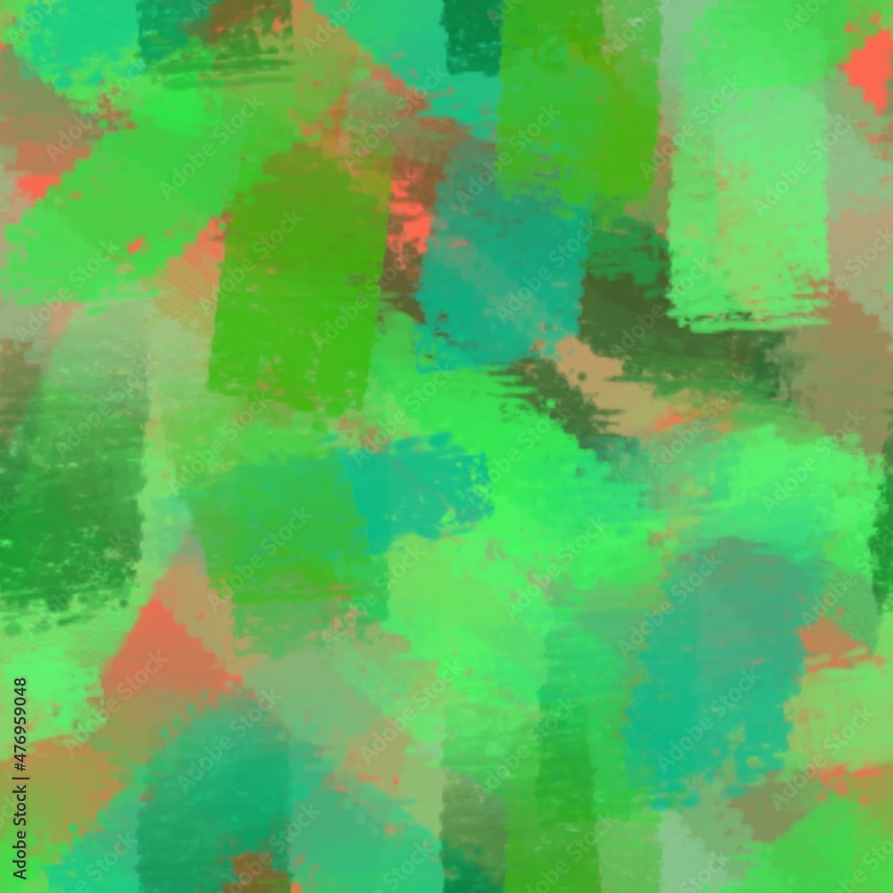 Abstract background of brush strokes of green shades of paint on a red background. Green bright seamless pattern for textiles, covers.