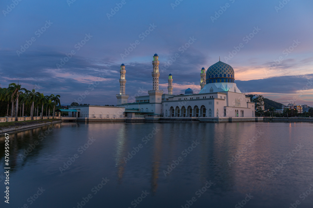Beautiful Sunset and reflection of Floating Mosque of Kota Kinabalu, Sabah, Amazing sunset and reflection of Floating Mosque
