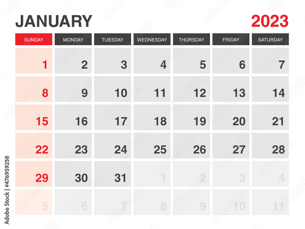 Vecteur Stock January 2023 Calendar Printable, Calendar 2023, planner