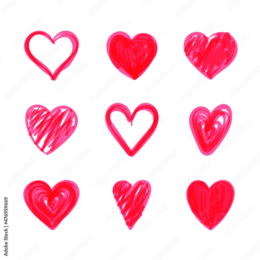 Vector Set of Hand Drawn Hearts, Valentines Day Illustration, Icons Set Isolated on White Background, Highlighter Drawings Set.