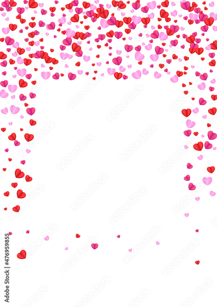 Fond Heart Background White Vector. Design Texture Confetti. Red Bright Illustration. Violet Heart Cute Pattern. Tender Elegant Frame.
