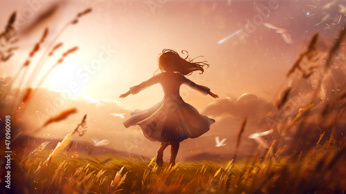 A joyful girl in a summer dress cheerfully runs through a field with grass in the rays of a juicy bright sunset with clouds, whirling in the wind, grass rustles around and plant blades fly. 2d art