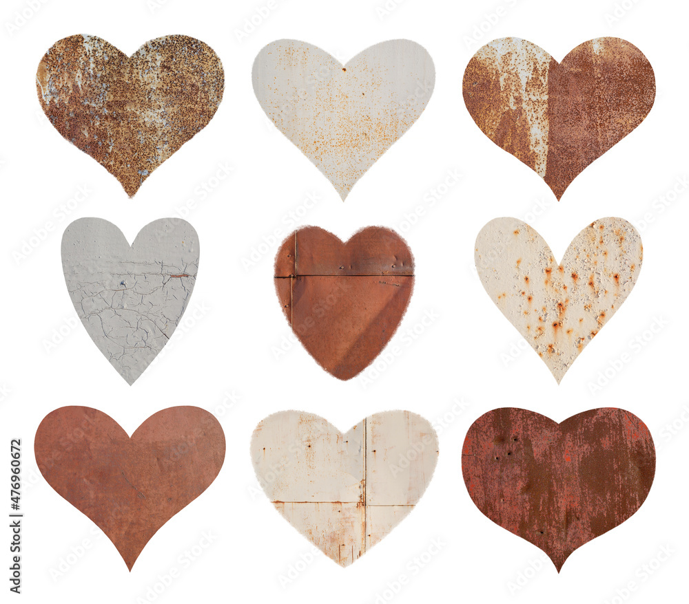 Fototapeta premium Set of nine hearts with textures. The collection includes: rusty metal and iron walls. Perfect for design.