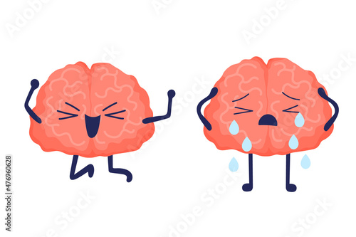 Depressive brain character. Joy, happiness and depression. Mental disorders. Mood swings. Vector cartoon illustration isolated on white background.