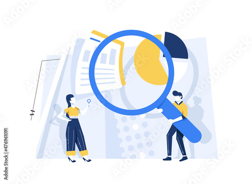 Flat vector design statistical and Data analysis for business finance investment concept with business people team working on monitor graph dashboard