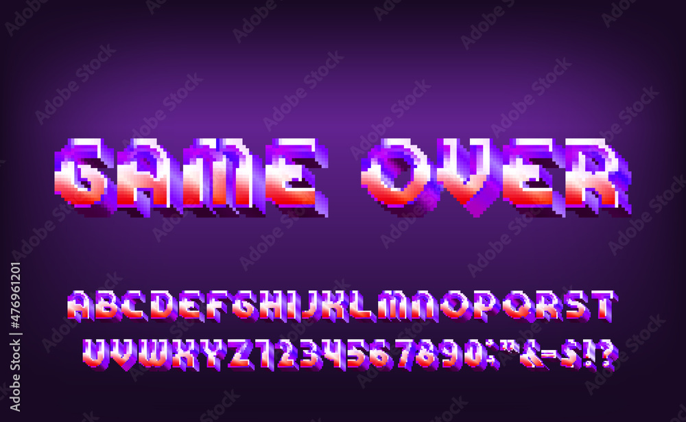 Game Over alphabet font. Digital 3d effect letters and numbers. 80s arcade video game typescript.