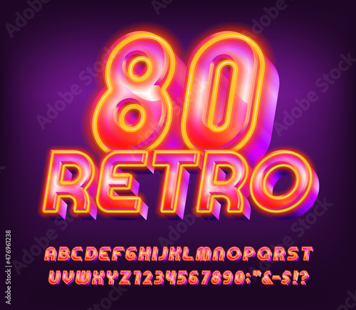 Retro 80 alphabet font. 3D glowing letters and numbers. Stock vector typescript for your typography in retro 80s style.