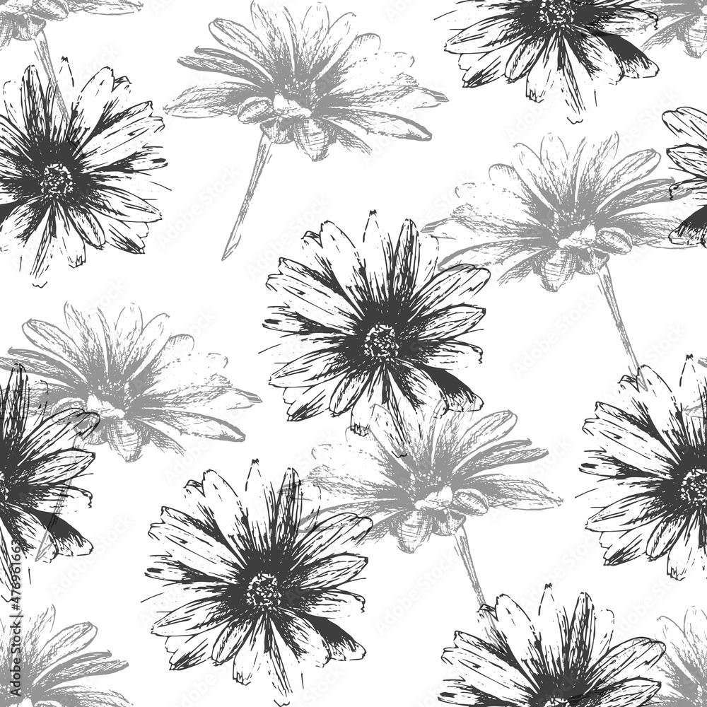 Seamless pattern of black and white flowers drawn in graphic.