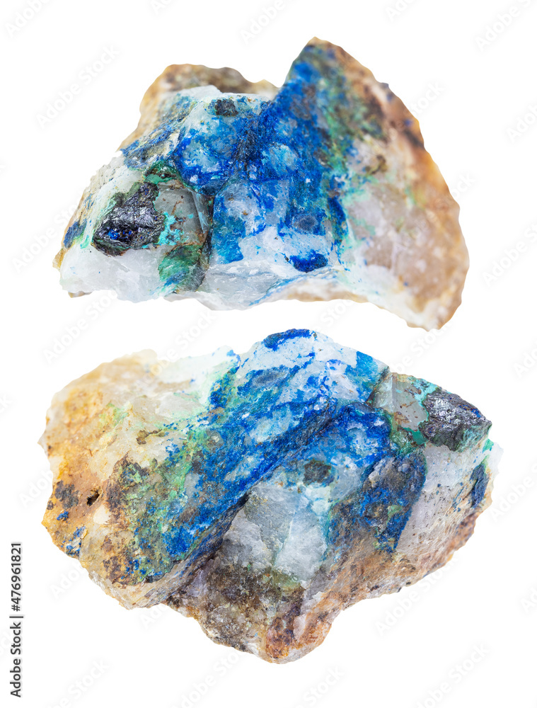 tennantite, Tyrolite, Azurite on rough quartz tennantite, Tyrolite, Azurite on rough quartz