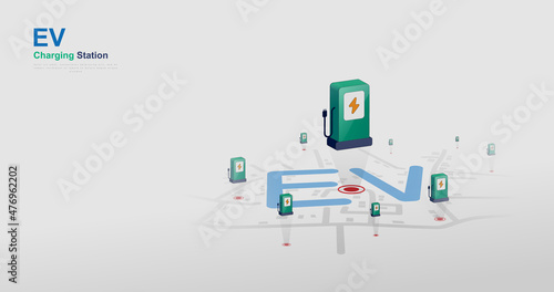 Online EV charging stations shown on map phone, mobile website service. Vector illustration