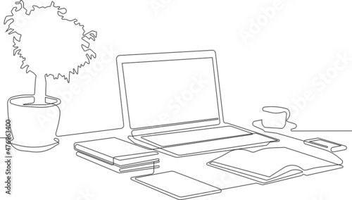 Continuous line drawing of a desktop with modern devices and office stationery. Workspace. Home workplace. Phone and laptop on table decorated with room flower, statuette. Vector illustration