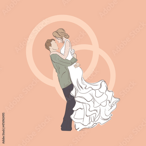 Vector Wedding Couple in Love Sketch, Hand Drawn Illustration Isolate, Man and Woman in White Wedding Dress and Rings in Background.