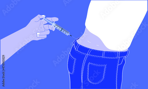 hand holding the syringe inject a drug (coronavirus disease covid-19) to human's bottom.vector illustration eps10