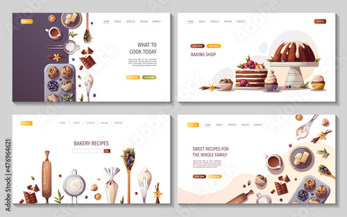 Set of web pages with baking elements. Baking, bakery shop, cooking, sweet products, dessert, pastry concept. Vector illustration for poster, banner, website, advertising.