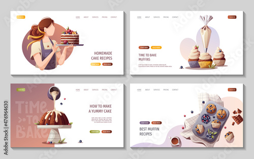 Set of web pages with Cakes, muffins, cupcakes. Baking, bakery shop, cooking, sweet products, dessert, pastry concept. Vector illustration for poster, banner, website, advertising.