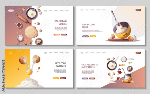 Set of web pages with baking elements. Baking, bakery shop, cooking, sweet products, dessert, pastry concept. Vector illustration for poster, banner, website, advertising.