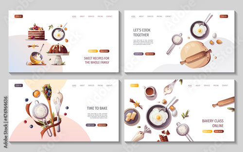 Set of web pages with baking elements. Baking, bakery shop, cooking, sweet products, dessert, pastry concept. Vector illustration for poster, banner, website, advertising.