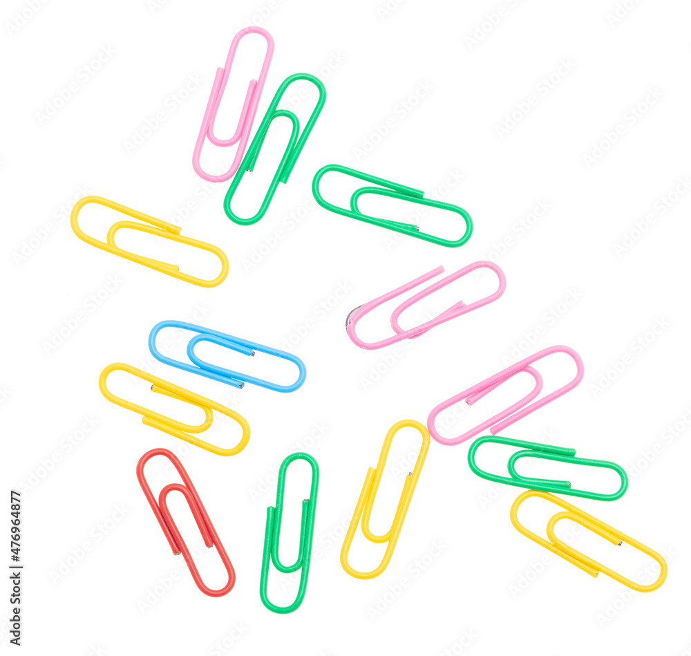 Multi-colored paper clips isolated on a white Multi-colored paper clips isolated on a white