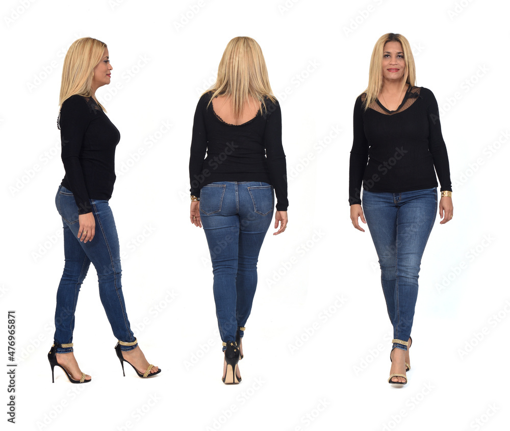 Obraz premium back, front and side view of same woman with jeans and heeled shoes on white background