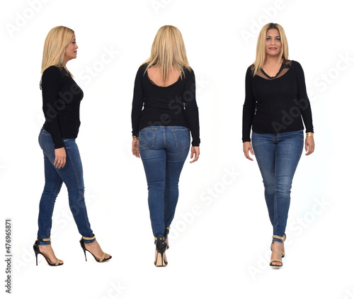 back, front and side view of same woman with jeans and heeled shoes on white background