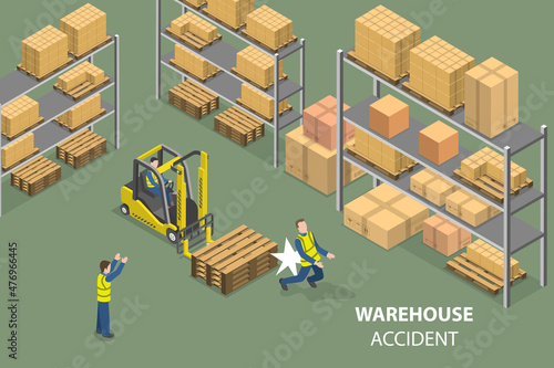 3D Isometric Flat Vector Conceptual Illustration of Warehouse Accident, Worker is Getting Injured