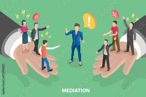 3D Isometric Flat Vector Conceptual Illustration of Mediation - Settlement of Disputes, Conflict Resolution and Solution Management photo