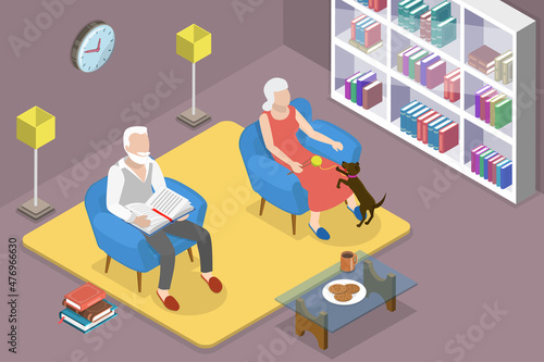 3D Isometric Flat Vector Conceptual Illustration of Seniors Relaxing At Home, Enjoying Leisure Time Indoors