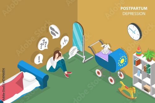 3D Isometric Flat Vector Conceptual Illustration of Postpartum Depression, Psychology Problem and Parent Difficulties