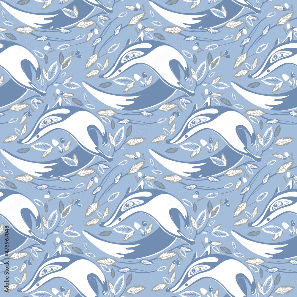 Fox on a blue background, with mushrooms and berries, with leaves seamless pattern. Ideal for baby clothes, fabric, textile, baby decoration, wrapping paper Fox on a blue background, with mushrooms and berries, with leaves seamless pattern. Ideal for baby clothes, fabric, textile, baby decoration, wrapping paper