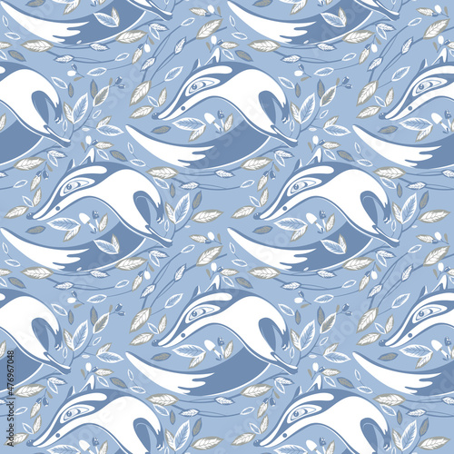 Fox on a blue background, with mushrooms and berries, with leaves seamless pattern. Ideal for baby clothes, fabric, textile, baby decoration, wrapping paper