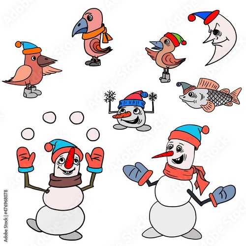 Cute character snowman for Christmas and New Years holiday. Vector illustration.