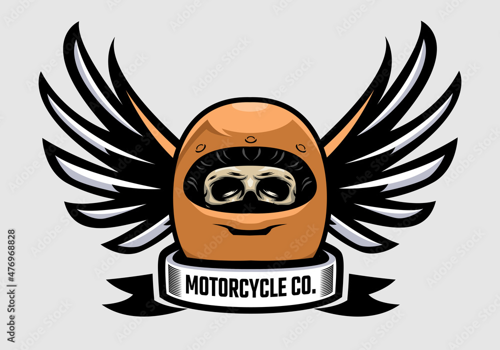 Fototapeta premium Racer skull in winged helmet. Skull biker with wing. Motorcycle company.