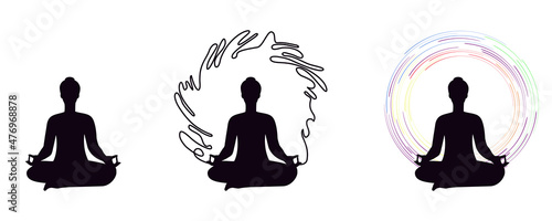 Three stages of relaxation Yoga in silhouette Person practicing yoga in lotus meditative pose.  Black vector illustration Isolated on white background 