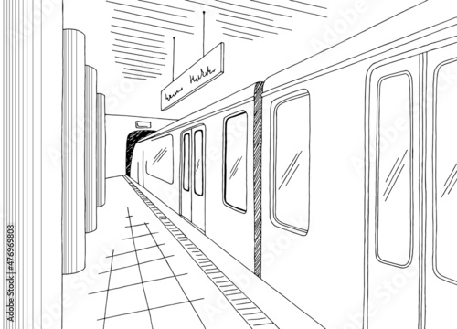 Subway station platform graphic black white sketch illustration vector 