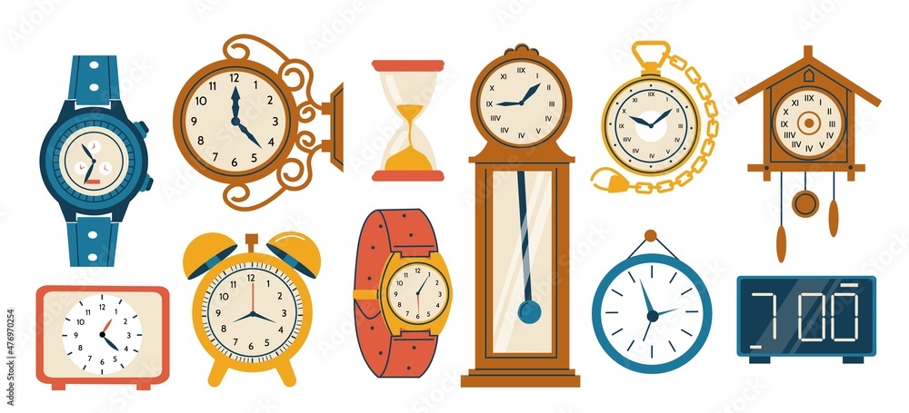 Doodle watch. Cartoon analog and modern timepieces. Digital wristwatch and interior chronometers. Retro alarm clock and hourglass. Dial with arrows. Vector time measure instruments set - obrazy, fototapety, plakaty 