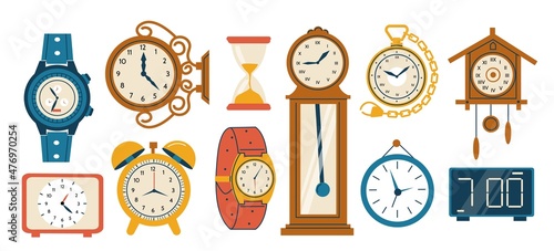 Doodle watch. Cartoon analog and modern timepieces. Digital wristwatch and interior chronometers. Retro alarm clock and hourglass. Dial with arrows. Vector time measure instruments set