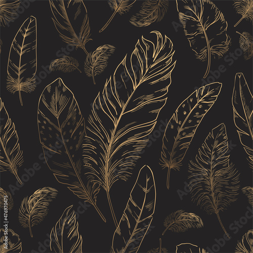 Feather pattern. Seamless texture with hand drawn bird quills. Golden plumage sketch. Black textile print with animal wing elements. Swan or goose plume. Vector decoration background