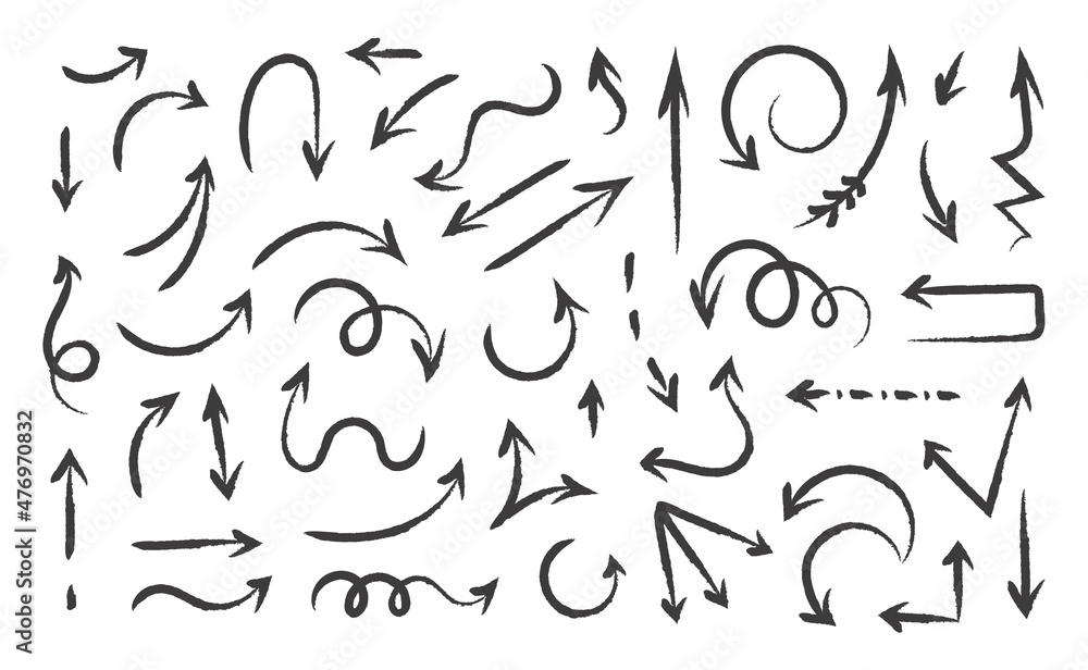 Hand drawn arrows. Paintbrush sketch of direction signs. Ink pen and pencil isolated abstract pointers. Left and right turning symbols. Vector doodle navigational geometric icons set Hand drawn arrows. Paintbrush sketch of direction signs. Ink pen and pencil isolated abstract pointers. Left and right turning symbols. Vector doodle navigational geometric icons set