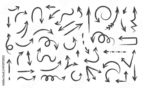 Hand drawn arrows. Paintbrush sketch of direction signs. Ink pen and pencil isolated abstract pointers. Left and right turning symbols. Vector doodle navigational geometric icons set