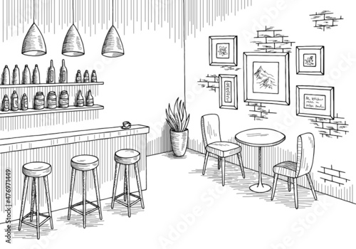 Cafe bar graphic black white interior sketch illustration vector 