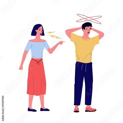 Girl yells at boy. Couple quarrels. Woman screams at boyfriend. Stressed man ignores girlfriend. Communication problem. Divorce and relationship conflict. Vector aggressive conversation