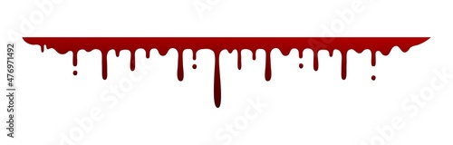 Straight blood drip. Horizontal border, bloody element gradient color, flowing drops or trickles, scary Halloween decoration. Spooky fluid ink smear, vector isolated illustration