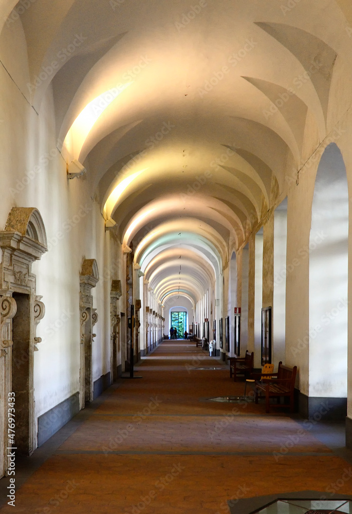 Cloister of Benedictine Monastery of San Nicolò l'Arena, late Baroque architecture style - UNESCO World heritage, now there is University of Catania, Catania, Sicily, Italy