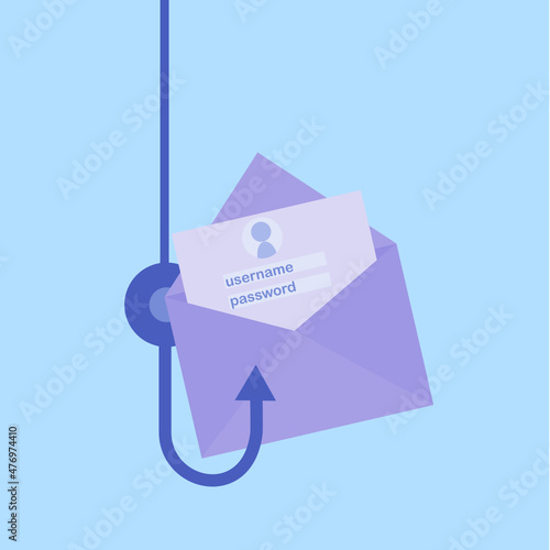 Email envelope and fishing hook.Phishing malware.Hacker and cyber criminals.Username and password.Network security.Cyber thief.Cartoon vector illustration.Flat design.Sign, symbol, icon or logo.