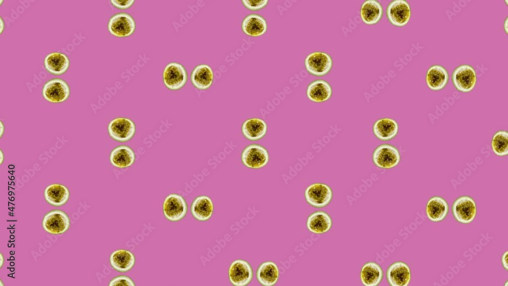 Colorful fruit pattern of fresh rotating passion fruit on pink background. Seamless pattern with passion fruit. Realistic animation. 4K video motion Colorful fruit pattern of fresh rotating passion fruit on pink background. Seamless pattern with passion fruit. Realistic animation. 4K video motion