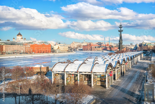 Pavilions of an art exhibition and a monument to Peter the Great in Moscow