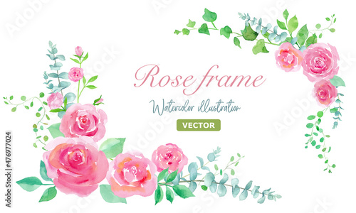 ピンクの薔薇とユーカリなどのグリーンリーフの装飾フレーム。水彩イラスト。（ベクター。レイアウト変更可能）
