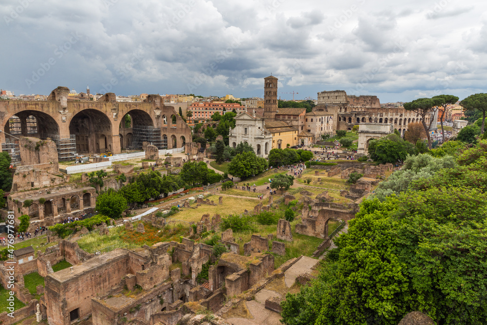 Scenic view over the ruins of the Roman Forum in Rome, Italy