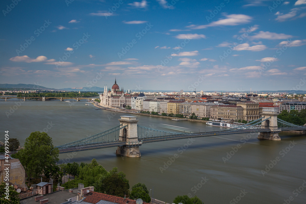 Budapest panoramic view from the Citadel with bridges and the Parliament