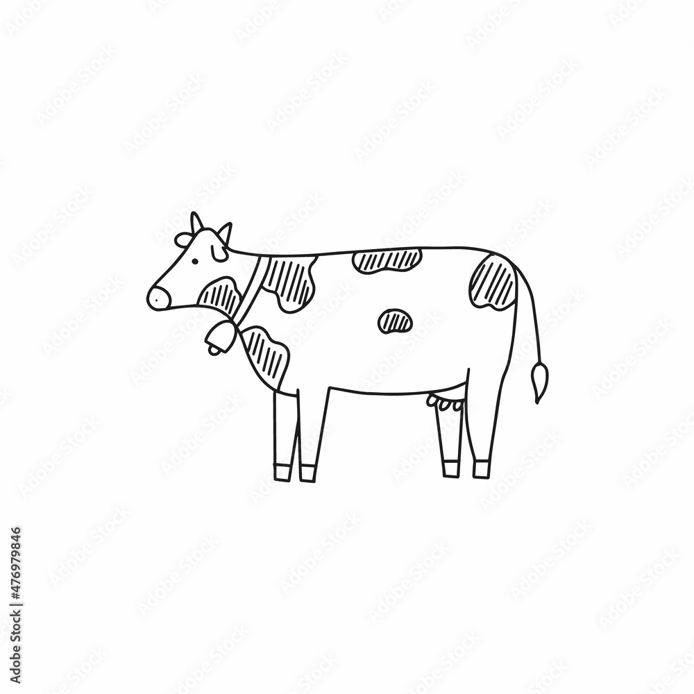 Hand drawing cute cow. Farm animal. Black and white illustration, logo.